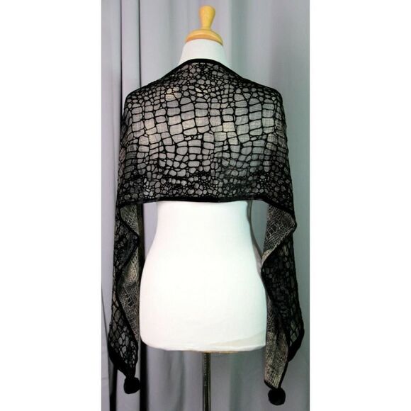 Sz 13"x61" ITALY BLACK GRAY CHIFFON VELOUR SILK BLEND BURNOUT POM POM SCARF (F66 - Picture 3 of 9